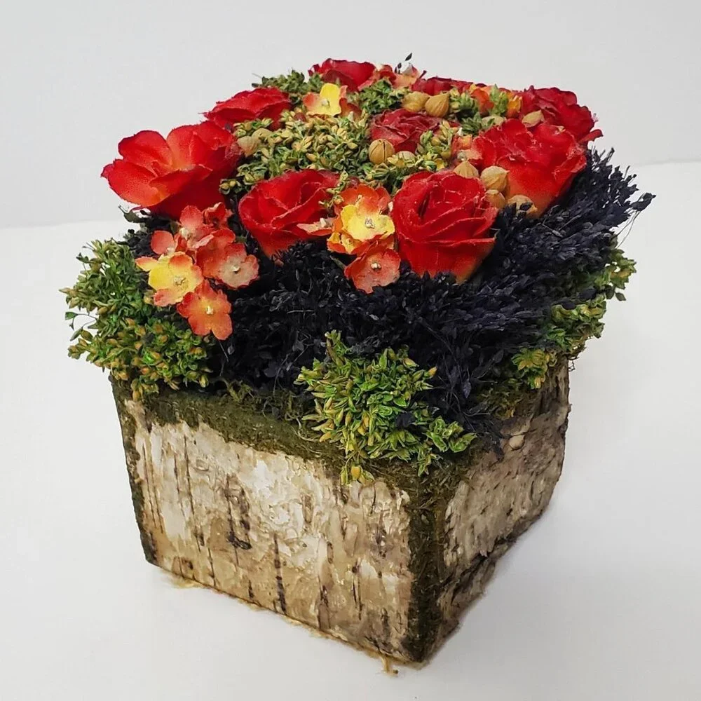 Faux Red Roses & Flowers in tree trunk arrangement home decor (New without box)